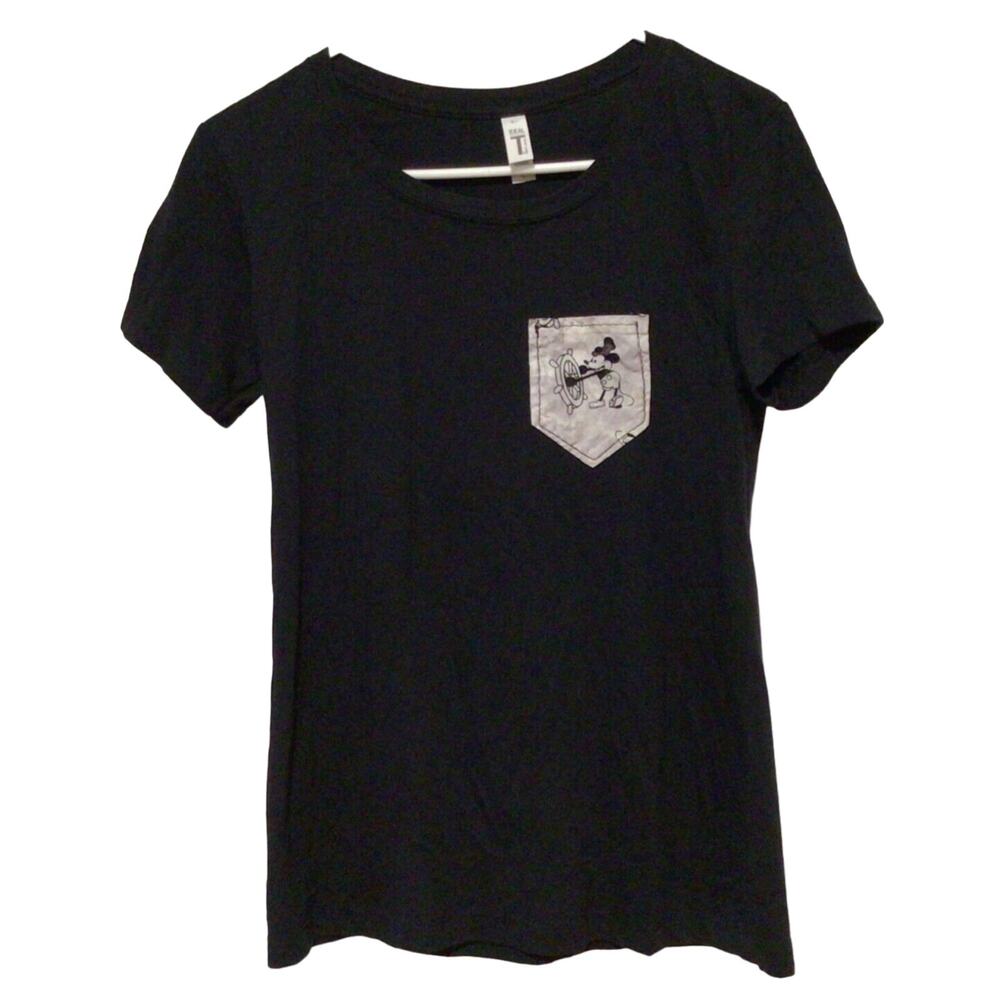 Ideal T Next Level Women's Black Steamboat Willie Pocket Tee Shirt Large Size